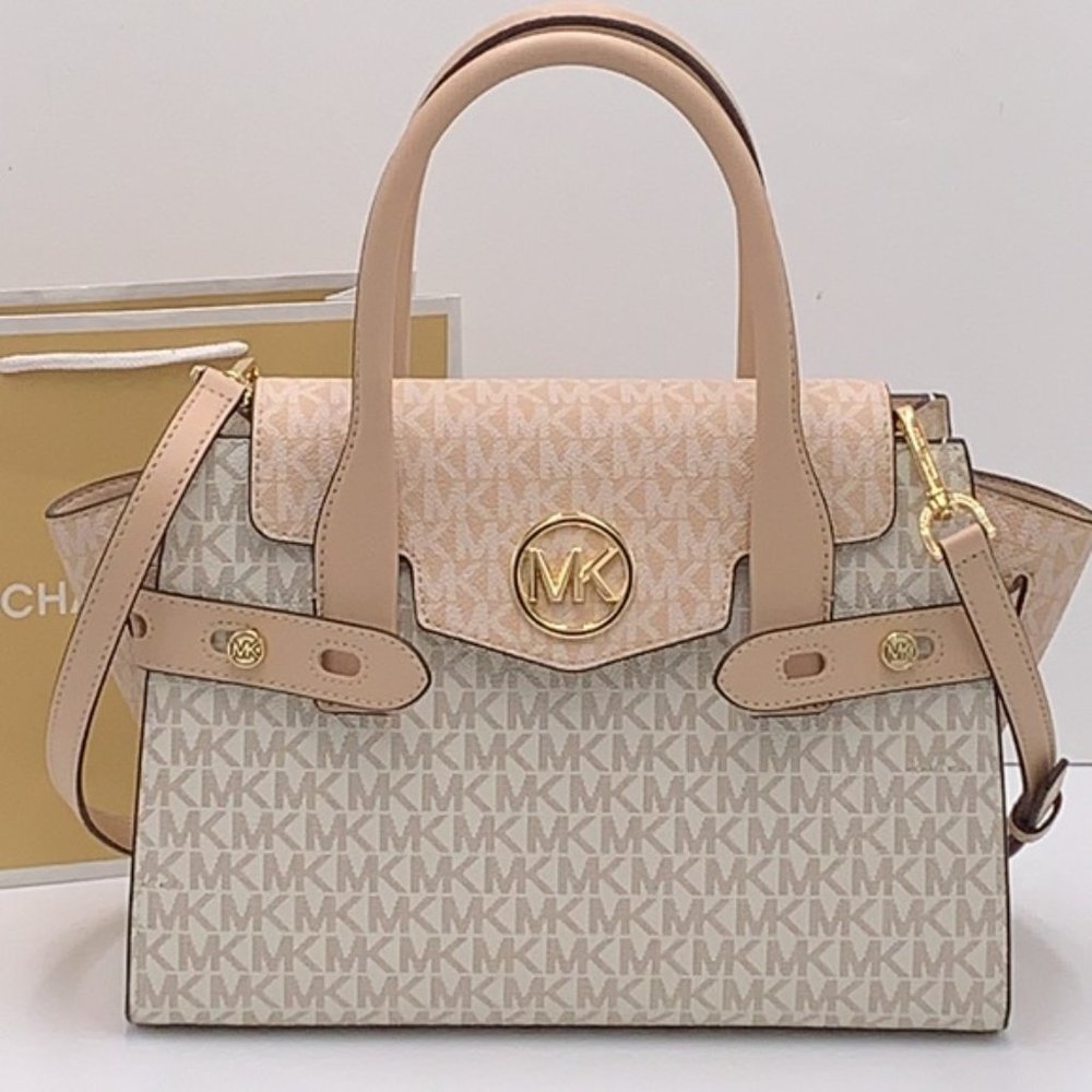 Michael Kors Carmen Medium Color-Block Logo Satchel Crossbody Buff Multi - Picture 1 of 16
